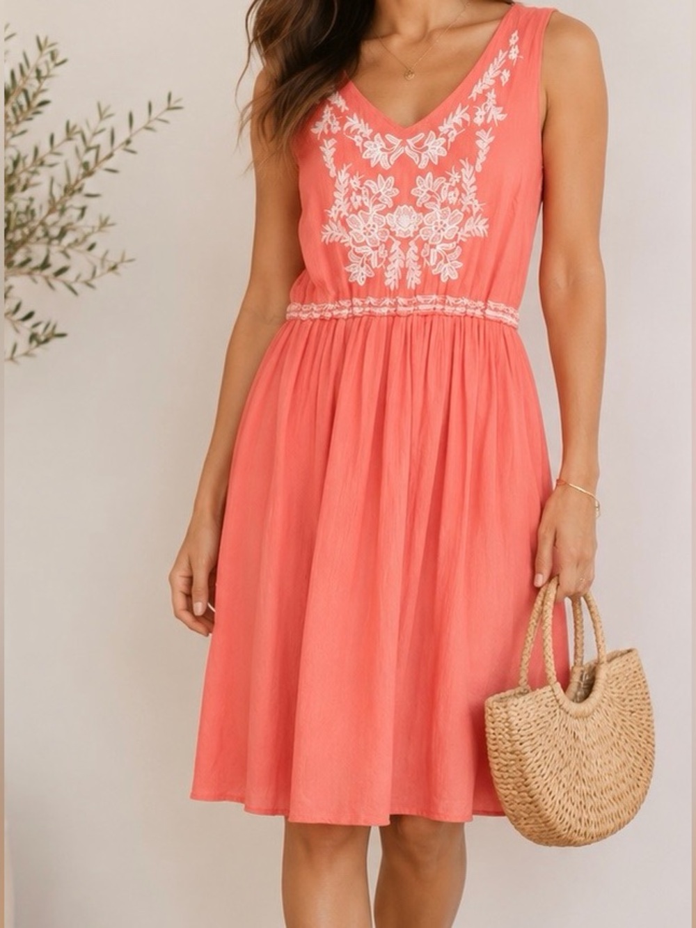 Flint & Moss NY Coral Embroidered Boho V-Neck Sleeveless Midi Dress Size L